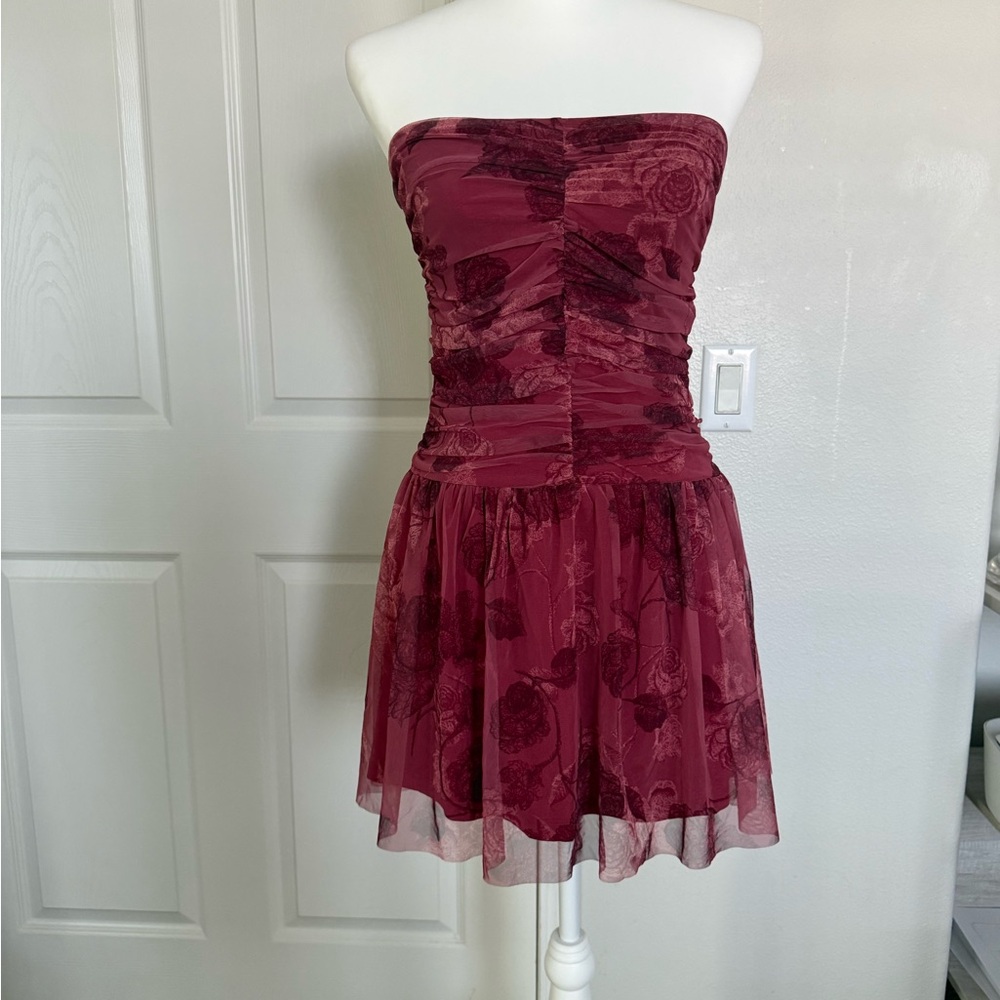 Cider Strapless Burgundy Floral Party Dress